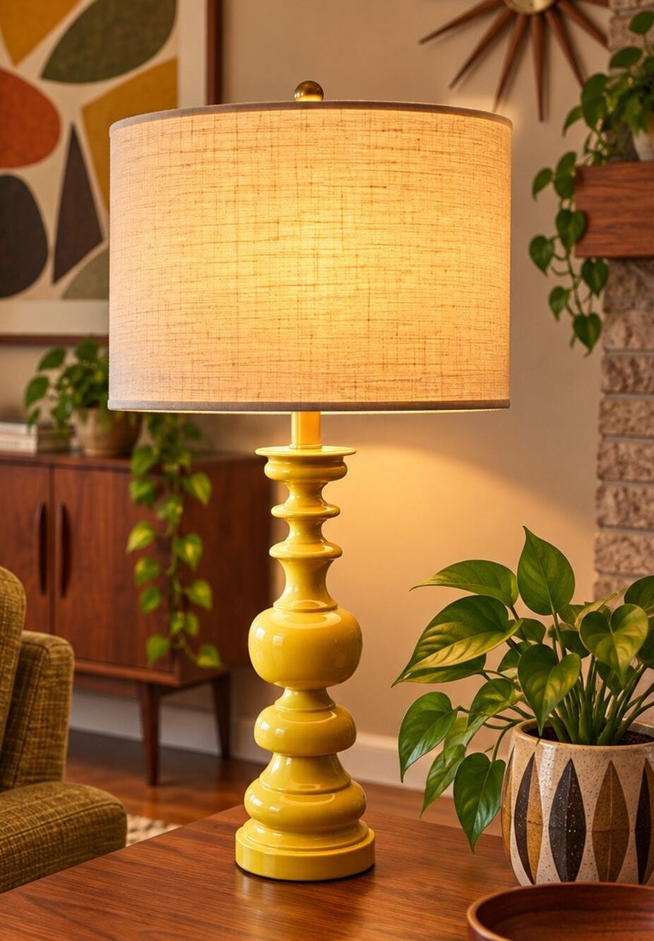 Retro Mustard Yellow Porcelain Table Lamp Sculptural Mid Century Modern Style